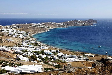 View over the bay with many villas of Ormos in the southwest of the island, Mykonos, Greece, Europe