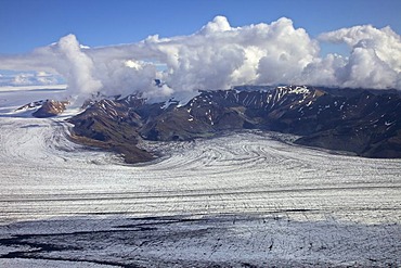 Aerial view, ash structures from the Grimsvoetn volcano in the ice of the Vatnajoekull glacier, south Iceland, Europe