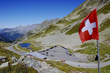 Swiss flag, pass on the Sustenpass, 2224m, connecting Canton Bern with Uri, Switzerland, Europe