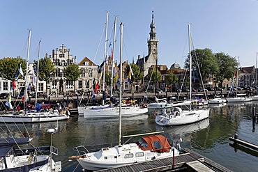 Marina and tower of the town hall, historic town of Veere, Walcheren, Zeeland, Netherlands, Europe