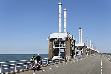 Storm surge barrier between Oosterschelde, Eastern Scheldt, and North Sea, cycling road, Zeeland, Netherlands, Europe