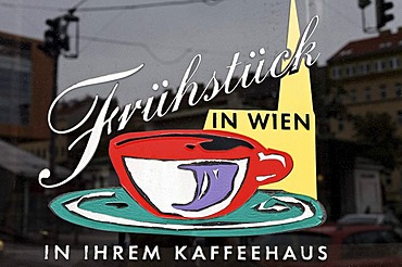 "Fruehstueck in Wien", German for "breakfast in Vienna", sign at a coffee house, Vienna, Austria, Europe