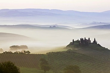 Podere Belvedere in the morning fog, San Quirico, Val d'Orcia, Tuscany, Italy, Europe, PublicGround