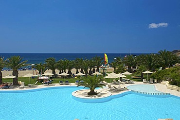 Hotel pool on Damnoni beach in Plakias, Crete, Greece, Europe