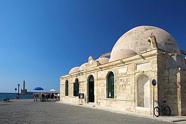 Hassan Pasha Mosque, Mosque of the Janissaries, at the port with horse-drawn carriages in Chania, Crete, Greece, Europe