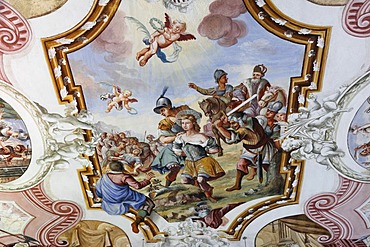 Ceiling fresco by Augustin Bernhardt, 1740, the martyrdom of St. George, Church of St. George, Aehndl, Murnau, Blaues Land region, Upper Bavaria, Bavaria, Germany, Europe