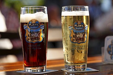 Beer glasses, dark beer and and a glass of beer mixed with lemonade, Aehndl Inn, Murnau, Upper Bavaria, Bavaria, Germany, Europe