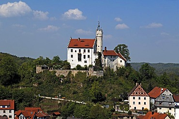 Burg Goessweinstein castle, 1076, remodelled in 1890 in the neo-Gothic, below houses of Goessweinstein, Upper Franconia, Bavaria, Germany, Europe