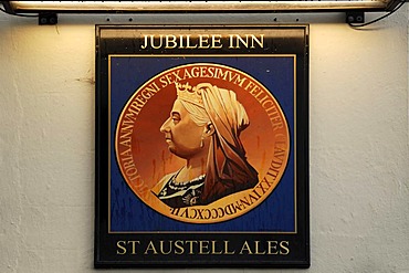 Hotel sign with a portrait of Queen Victoria, Jubilee Inn, Jubilee Hill, Pelynt, Cornwall, England, United Kingdom, Europe