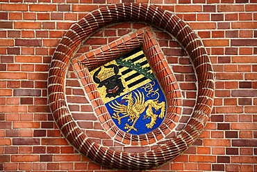 Coat of arms with the Mecklenburg bull's head and the Saxon coat of arms, mosaic on Wiligrad castle, built between 1896 and 1898, Luebstorf, Mecklenburg-Western Pomerania, Germany, Europe