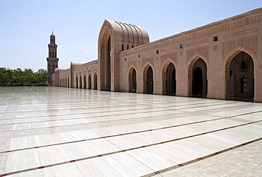 Large square with pointed arch, gates, minaret, Sultan Qaboos Grand Mosque, Muscat capital, Sultanate of Oman, gulf states, Arabic Peninsula, Middle East, Asia