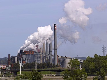 Smoking industrial chimneys, iron and steel industry, Aviles, Asturias, northern Spain, Europe