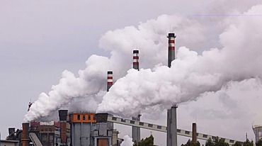 Smoking industrial chimneys, iron and steel industry, Aviles, Asturias, northern Spain, Europe