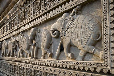 Stone relief with elephants, Ahilya Fort, Maheshwar, Madhya Pradesh, India, Asia