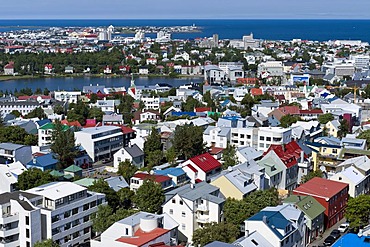 Downtown from the tower of the Hallgrimskirkja church, Reykjavik, Iceland, Europe