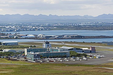 Reykjavik airport from the Tower of the Hallgrimskirkja church, Reykjavik, Iceland, Europe