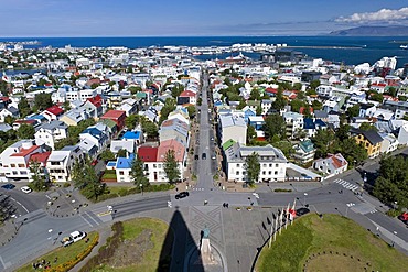 Downtown from the tower of the Hallgrimskirkja church, Reykjavik, Iceland, Europe