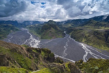 Krossa river, ï¬orsmoerk or Thorsmoerk mountain ridge, Icelandic highlands, South Iceland, Iceland, Europe