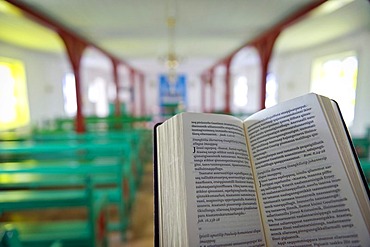 Greenlandic bible, church in Kulusuk, East Greenland, Greenland