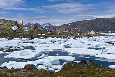 Ice floes, houses, Kulusuk, East Greenland, Greenland