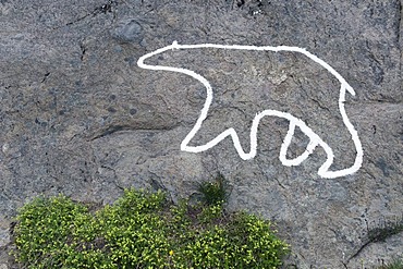 Outlines of a polar bear painted on a rock, Nanook, Tasiilaq, also known as Ammassalik, East Greenland, Greenland