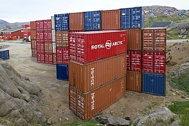 Containers at the port of Tasiilaq, also known as Ammassalik, East Greenland, Greenland