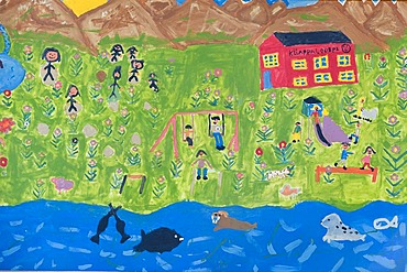 Children's painting, on the topic "Life in Greenland", exterior wall of a house, Tasiilaq, also known as Ammassalik, East Greenland, Greenland