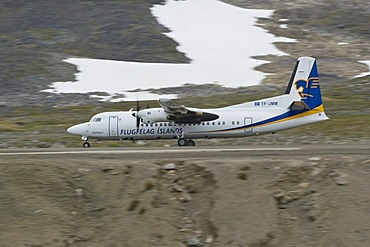 Plane of the Icelandic airline Flugfelag islands, Kulusuk Airport, East Greenland, Greenland