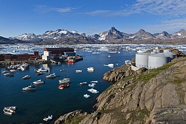 Harbour with oil tanks, Tasiilaq or Ammassalik, East Greenland, Greenland