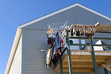 Dried fish and laundry on a balcony, Tasiilaq or Ammassalik, East Greenland, Greenland