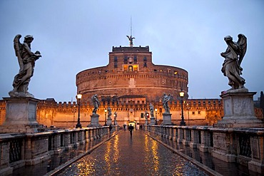 Castel Sant'Angelo and Ponte Sant'Angelo bridge at the blue hour in Rome, Italy, Europe