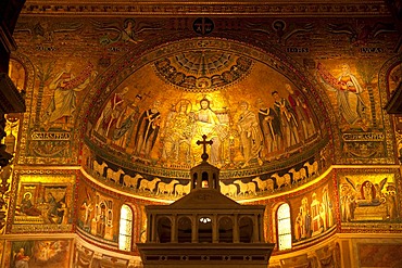 Apse with mosaics by Cavallini in the interior of the Church of Santa Maria in Trastevere in Rome, Italy, Europe