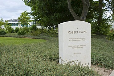 Robert Capa memorial stone, Memorial des Reporters, memorial for fallen journalists and photographers in action, opened 2006, Bayeux, Calvados, Normandy, France, Europe