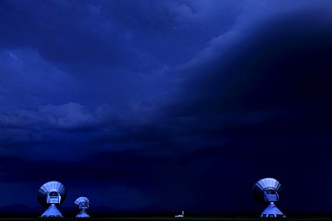 Raisting satellite earth station in front of a church at night, Raisting, Upper Bavaria, Germany, Europe