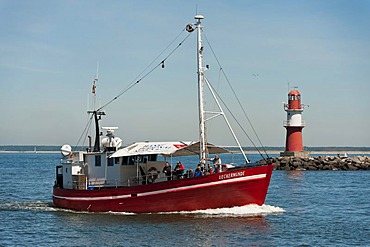 17-metre-cutter "Ueckermuende" of Angel- und Seetouristik GmbH Warnemuende at the harbour entrance of Warnemuende seaside resort, Mecklenburg-Western Pomerania, Germany, Europe