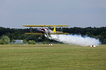 Biplane at the festival on the airfield celebrating 100 years of flying in Lueneburg, Lower Saxony, Germany