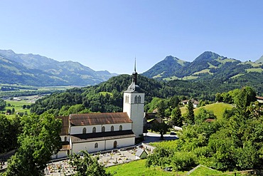 Church of the medieval town of Gruyeres, Fribourg, Switzerland, Europe