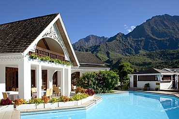 Creole architecture, Hotel Le Vieux Cep, Cirque de Cilaos caldera with the Piton des Neiges volcano, Cilaos, Reunion island, Indian Ocean