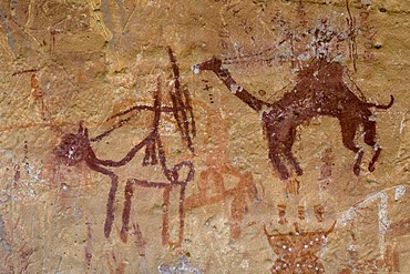 Prehistoric rock paintings, Akakus, Acacus Mountains or Tadrart Acacus, Sahara desert, Fezzan, Libya, North Africa