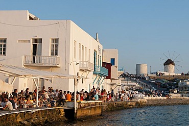 People at the waterfront, Little Venice, Mykonos Town or Chora, Mykonos, Cyclades, Greece, Europe