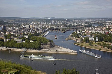 Deutsches Eck, German Corner, the confluence of the Rhine and Moselle rivers with the equestrian statue of Kaiser Wilhelm in Koblenz, Rhineland-Palatinate, Germany, Europe