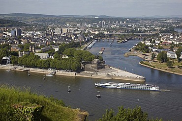 Deutsches Eck, German Corner, the confluence of the Rhine and Moselle rivers with the equestrian statue of Kaiser Wilhelm in Koblenz, Rhineland-Palatinate, Germany, Europe