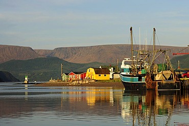 Fishermen's cabins with fishing boat, Norris Point, Newfoundland, Canada