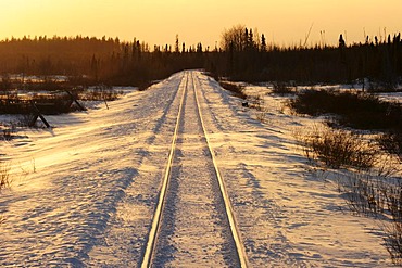 Railway tracks of the railway line between Winnipeg and Churchill, Manitoba, Canada