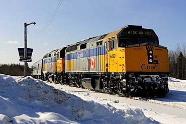 Ice-covered train on the railway line between Winnipeg and Churchill, Manitoba, Canada