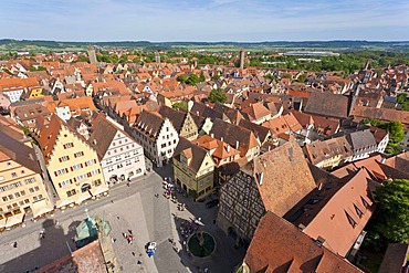 View of Marktplatz square as seen from Rathausturm town hall tower, Rothenburg ob der Tauber, Franconia, Bavaria, Germany, Europe