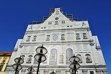 Scaffolding on a facade in Herzogspitalstrasse, Munich, Bavaria, Germany, Europe