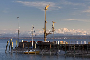 Magische Saeule, magic column, on the pier in Meersburg on Lake Constance with the Alpstein massif at back during foehn weather conditions, Baden-Wuerttemberg, Germany, Europe