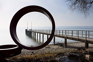 Sculpture thermal baths with pier, Konstanz, Landkreis Konstanz county, Baden-Wuerttemberg, Germany, Europe