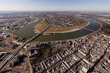 Rheinbogen, bend in the Rhine River, old town in the middle, Oberkassel, Duesseldorf, Rhineland, North Rhine-Westphalia, Germany, Europe